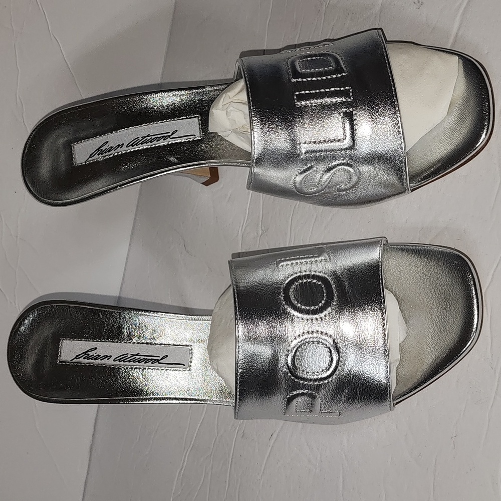 Brian Atwood SPIAGGA POOL SLIDE Sandal Heels, Silver WOMENS Size 37.5